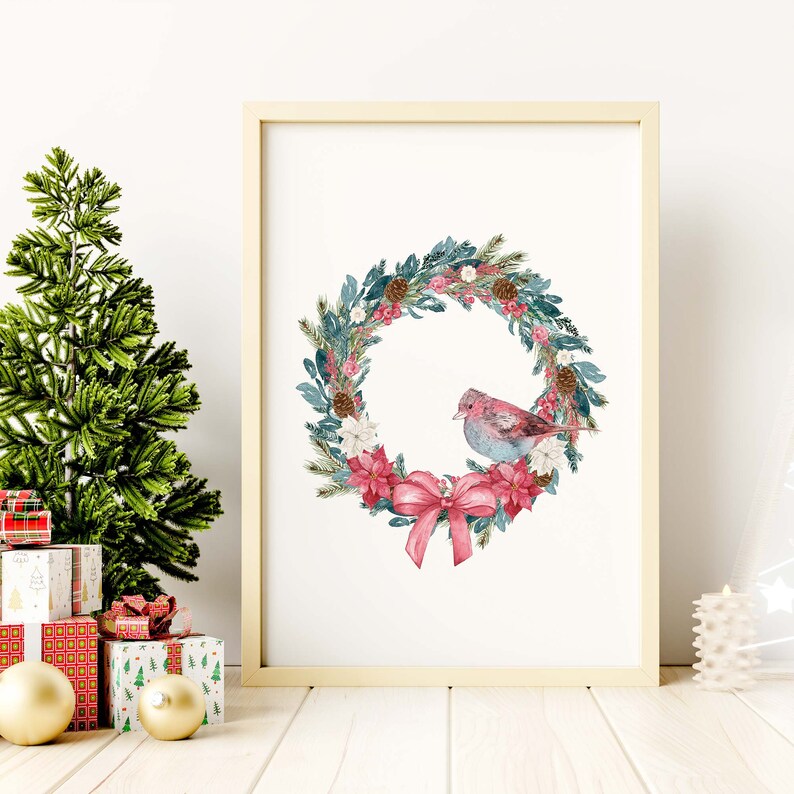 May include: A watercolor painting of a Christmas wreath with a red bird and a pink bow. The wreath is decorated with green leaves, red berries, and white flowers.