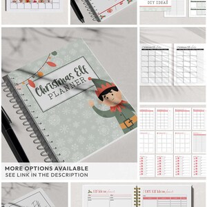 May include: A set of printable Christmas Elf planner pages with a green and white snowflake pattern. The pages include a calendar, a schedule, DIY ideas, elf ideas, and a planner for elf ideas. The pages are designed with a cute elf illustration.