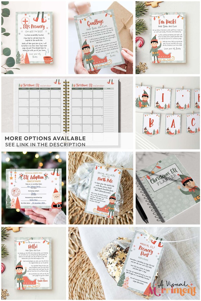 May include: A collection of printable Christmas elf printables, including a Christmas elf calendar, elf adoption certificate, elf recovery dust instructions, and a special delivery from the North Pole tag. The printables feature a cute elf character and festive designs.