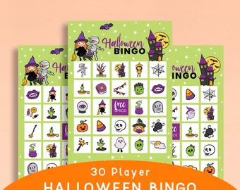 May include: A printable Halloween bingo game set with a light green background featuring white stars. The cards display the text Halloween BINGO and include various illustrations like a witch, mummy, haunted house, skull, and pumpkin in a grid.