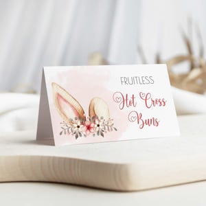 Editable Easter Food Tents, pink boho bunny ears printable labels | Spring table sign place cards, party decor template instant download E02 image 1