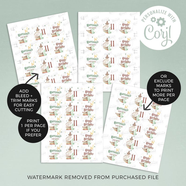 Bewerkbare sjabloon voor tovenaar cupcake toppers | Magische school verjaardagsfeest thema, uil bliksem gepersonaliseerde taartdecoratie Direct downloaden W02 afbeelding 2