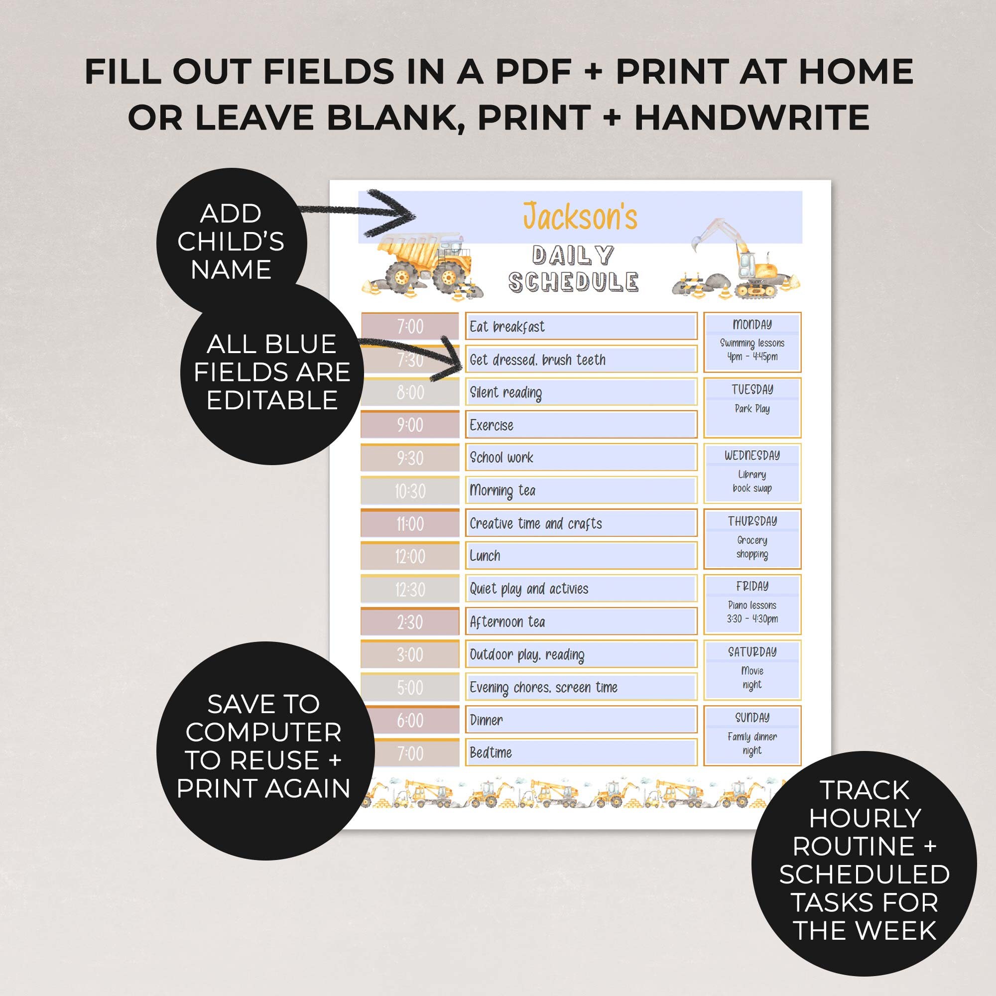 Construction Editable Chart Bundle for Kids, Daily Schedule + Chore ...