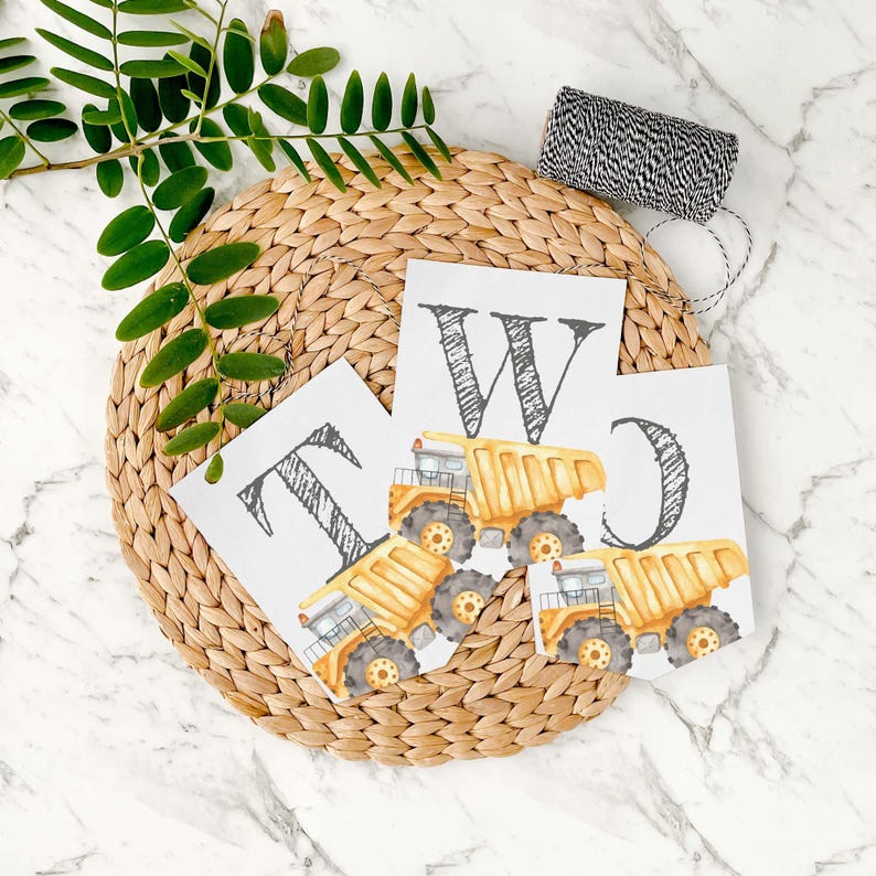 Two Dump Truck Construction Banner, printable high chair bunting | 2nd Birthday sign, baby boy photo prop party decor INSTANT DOWNLOAD C03 image 2