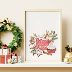 May include: A watercolor illustration of a red mug filled with marshmallows and topped with a cinnamon stick. The mug has white polka dots and the text "Let it Snow". The illustration also includes a candy cane, a gingerbread cookie, a cupcake with white frosting, and cinnamon sticks.