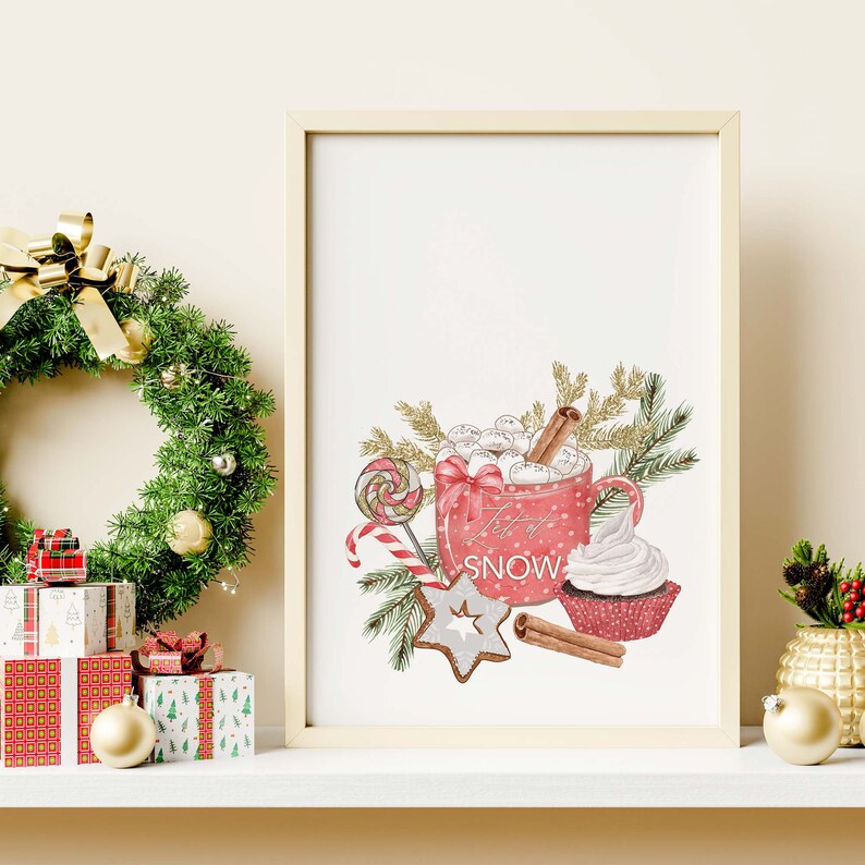 May include: A watercolor illustration of a red mug filled with marshmallows and topped with a cinnamon stick. The mug has white polka dots and the text "Let it Snow". The illustration also includes a candy cane, a gingerbread cookie, a cupcake with white frosting, and cinnamon sticks.