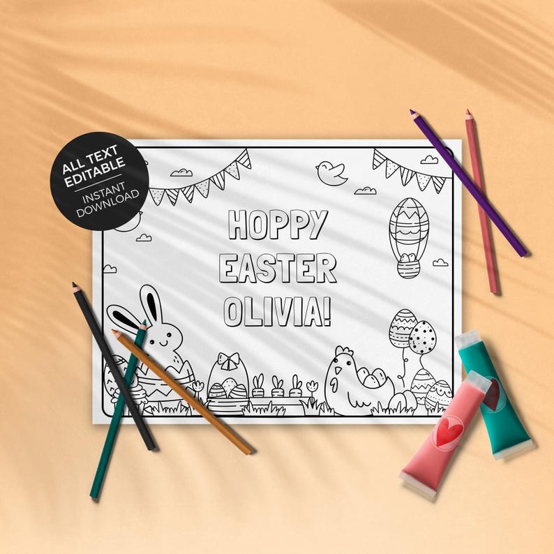 Editable Kids Easter Coloring Sheet, printable placemat page | Happy Easter activity mat template, party table decor, instant download E03 image 2
