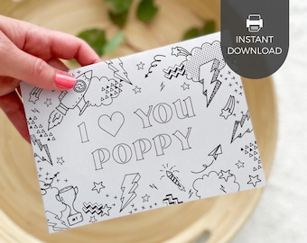 Love You Poppy Printable Coloring Father's Day Card | DIY kids classroom craft activity gift for grandfather, dad gift INSTANT DOWNLOAD F01