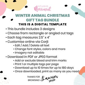 Christmas Gift Tag Printable Bundle editable instant download, cute deer bunny raccoon | Custom DIY template favor school friend teacher W01 image 7
