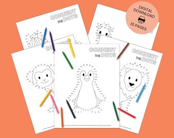 10 actividades para niños: Une los puntos de animales del zoológico / Páginas para imprimir para pintar por números / Descarga digital para niños / Animales de safari para unir puntos Z01