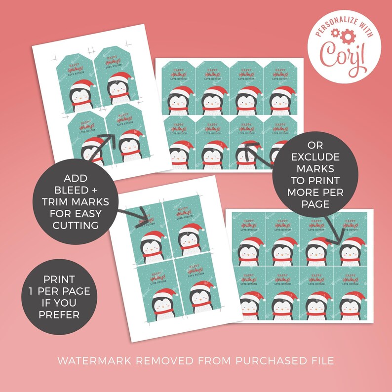 Christmas Gift Tag Printable Penguin editable instant download | Cute animal favor school friend classmate teacher | Custom DIY template W01 image 3