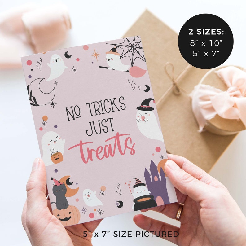 Pink Halloween Ghost Printable Party Sign, No Tricks Just Treats ...