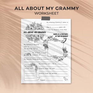 Op de afbeelding: Een wit werkblad getiteld "ALL ABOUT MY GRAMMY WORKSHEET" met invulvakken. Het werkblad bevat bloemenillustraties en vragen voor persoonlijke details over een grootmoeder.