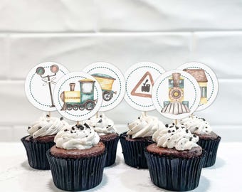 Vintage Train Cupcake Toppers printable | Transport boys Birthday party favor tags, instant download | Watercolor locomotive cookie tag T01