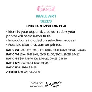 May include: A digital file for wall art prints. The text says "This is a digital file." and lists different ratios and sizes for printing, including 2x3, 3x4, 4x5, 5x7, 11x14, and A series sizes.
