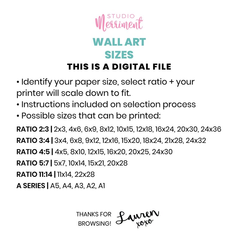 May include: A digital file for wall art prints. The text says "This is a digital file." and lists different ratios and sizes for printing, including 2x3, 3x4, 4x5, 5x7, 11x14, and A series sizes.