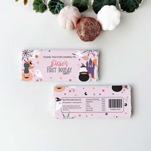 Halloween Candy Bar Wrapper, trick or treat editable printable | Pink ghost girl's Birthday chocolate wrap favor DIY INSTANT DOWNLOAD H04 image 2
