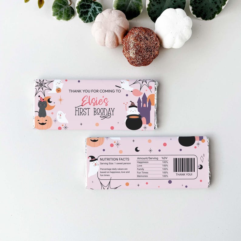 Halloween Candy Bar Wrapper, trick or treat editable printable | Pink ghost girl's Birthday chocolate wrap favor DIY INSTANT DOWNLOAD H04 image 2