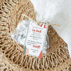 May include: A cellophane bag tied with twine, containing treats and a decorative tag. The tag reads "I'm Back From The North Pole And I Brought You A Treat!" with festive illustrations and text. The background is a woven mat.