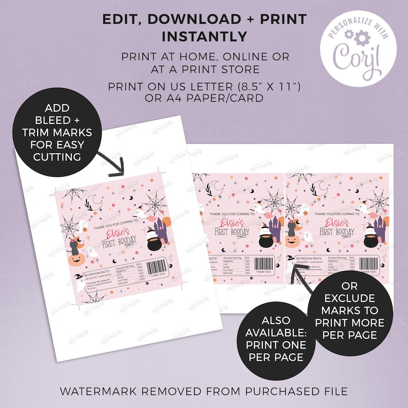 Halloween Candy Bar Wrapper, trick or treat editable printable | Pink ghost girl's Birthday chocolate wrap favor DIY INSTANT DOWNLOAD H04 image 3