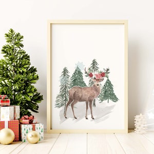 May include: A watercolor painting of a deer with a floral crown standing in a snowy forest. The deer is brown with a white underbelly and has large antlers. The flowers in the crown are red and white.