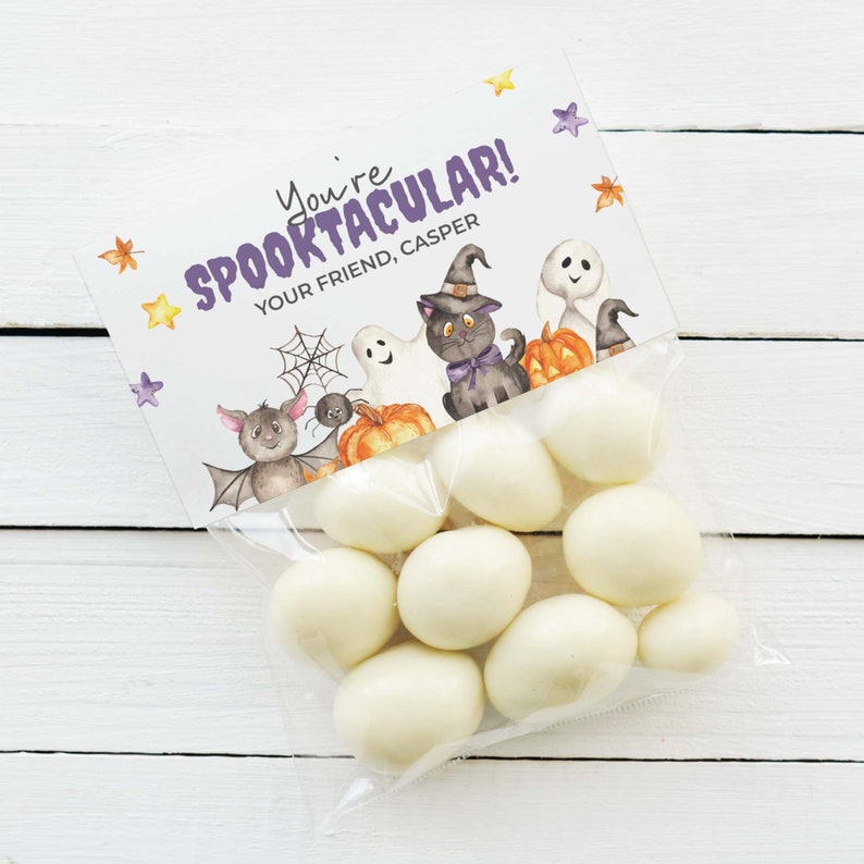 May include: A white treat bag with a Halloween-themed tag that says "You're Spooktacular! Your Friend, Casper". The tag features a black cat, ghost, and bat with a purple and yellow color scheme. The bag is filled with white chocolate candies.
