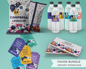 May include: A video game themed party favor set including two chip bags, five water bottles with labels reading 12 LUCAS HAS LEVELLED UP, four rectangular candy bar wrappers, and four gift tags with the text GAME OVER THANKS FOR PLAYING.