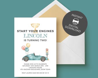 Vintage Race Car Birthday Invitation, Watercolor Racing Theme | Editable Printable INSTANT DOWNLOAD R01