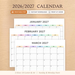 May include: A 2026/2027 calendar printable PDF featuring monthly grid layouts for January, February, and March 2027. Each page displays a header with days of the week in pastel-colored boxes, a clean white background, and black text.