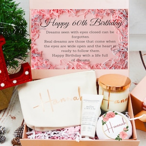 Confezione regalo per il 60 ° compleanno, scatola regalo personalizzata, regalo di buon compleanno, regalo di compleanno per lei, set regalo di candela, set regalo per lei, set regalo