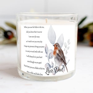 Christmas Day Memorial Candle, Robin Poem, Loved one Candle, Gift in Memory of Dad, Remembrance gift, Memory Gift