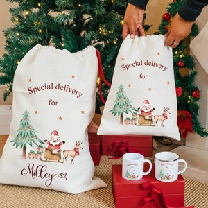 子供用パーソナライズサンタサック、カスタムクリスマスサック、クリスマス巾着バッグ、子供用クリスマスギフトサック、子供用クリスマスギフト