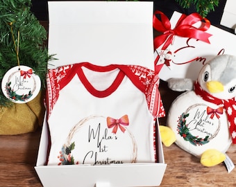 Primer set de regalo de Navidad para bebés, Juego de regalos personalizados para bebés, 1er regalo de Navidad, Caja de regalo de recuerdo personalizada, Regalo de Navidad para bebés