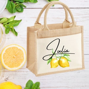 Personalised Holiday Jute Bag, Personalised Lemon Print Tote Bag, Luxury Holiday Gifts, Gifts for Her, Mother's Day Bag, Custom Tote Bag