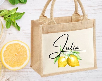 Personalised Holiday Jute Bag, Personalised Lemon Print Tote Bag, Luxury Holiday Gifts, Gifts for Her, Mother's Day Bag, Custom Tote Bag