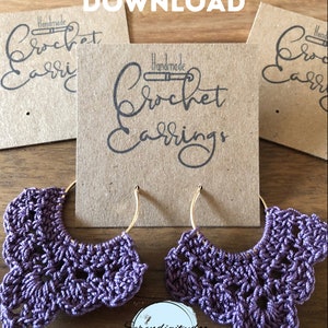 May include: Purple crocheted butterfly earrings with gold hoops. The earrings are displayed on a brown card with the text "Handmade Crochet Earrings" and "Serendipitydoo Gifts".