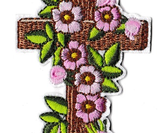 Wood cross patch with roses iron-on cemetery embroidered patch