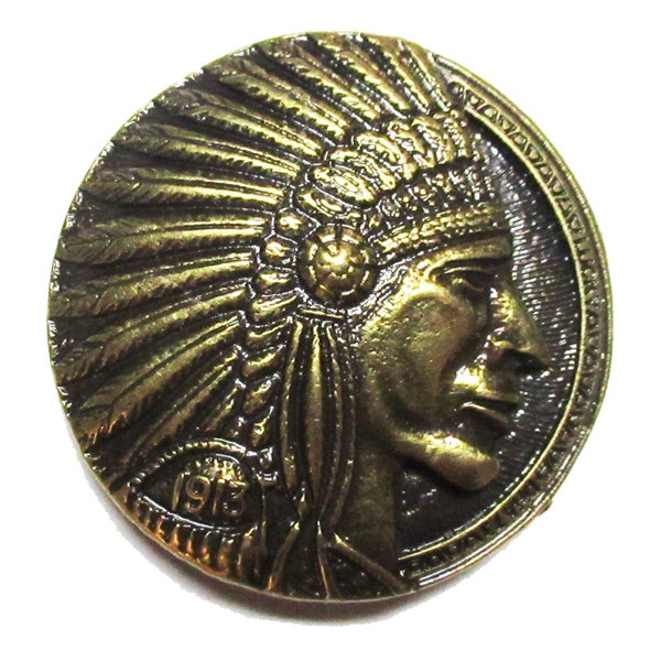 Broche pins métallique chef indien rond cast métal badge à vis couleur bronze