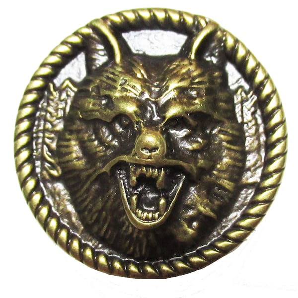 Broche pins métallique tête loup rond cast métal badge à vis couleur bronze