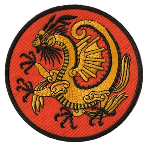 Goldener Aufnäher mit Drachenwappen, goldener, bestickter Aufnäher zum Aufbügeln