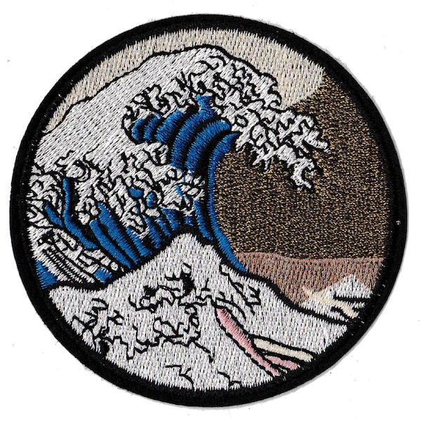 Patche badge la patch Great Wave ricamata tondo termoadesiva