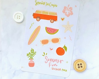 Summer Fun Sticker Sheet - Cute Summer Sticker Pack - Orange and Pink Sticker Sheet - Tropical Sticker Pack