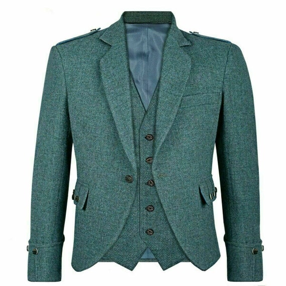 Custom Made Scottish Highland Men's Green Tweed Argyle Kilt Jacket with 5 Buttons Vest - Christmas Gift