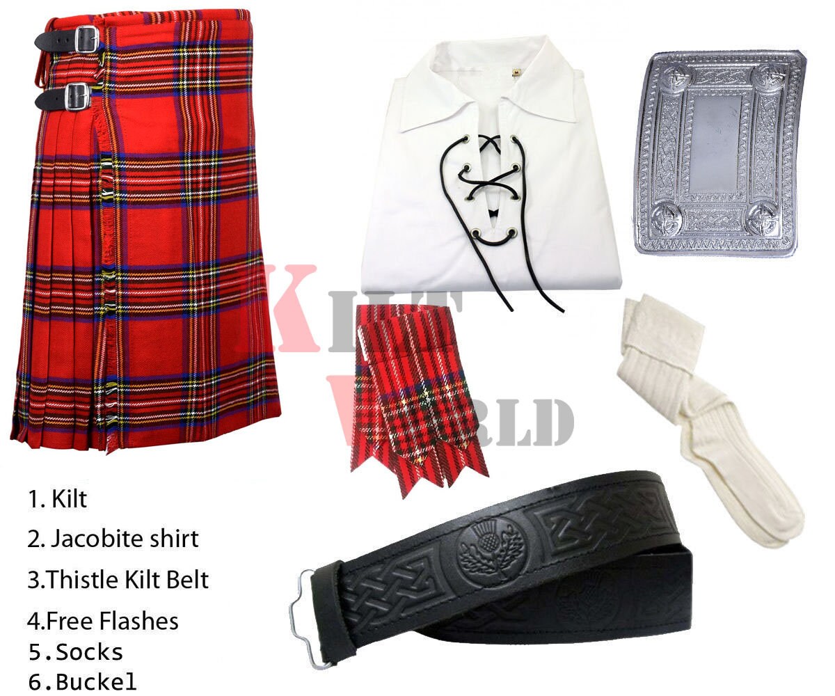 Scottish Royal Stuart 5 Yard Highland Tartan Kilt 3 Pcs Set With Accessories