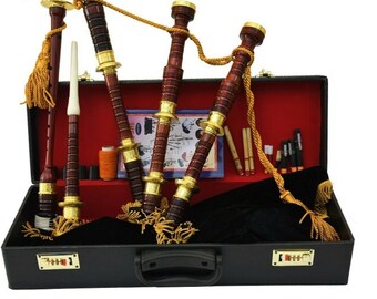 Handmade Scottish Great Highland Bagpipes with Gold Engraved Brass Amounts Bagpipe with 6 Plus Cover Options