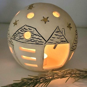 Ceramic light ball with house, handmade, table decoration that enchants every room with candlelight, perfect gift