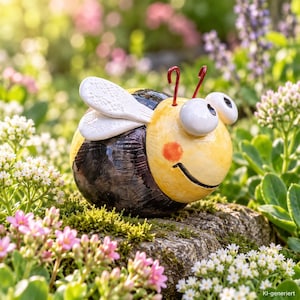 Könnte beinhalten: Eine Bienenfigur aus Keramik mit rundem gelben Gesicht, schwarzem Körper und weißen, texturierten Flügeln. Die Biene hat zwei rote Drahtantennen, große weiße Augen mit schwarzen Pupillen, eine orangefarbene Wange und einen breiten, schwarzen Mund.
