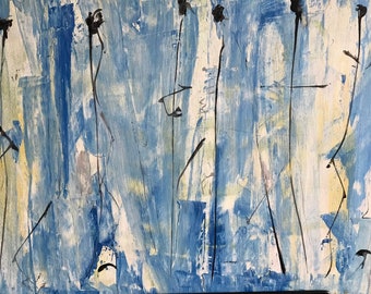 May include: Abstract painting with a blue background and black lines. The lines are thick and thin, and they create a sense of movement and energy. The painting is a great example of abstract expressionism.