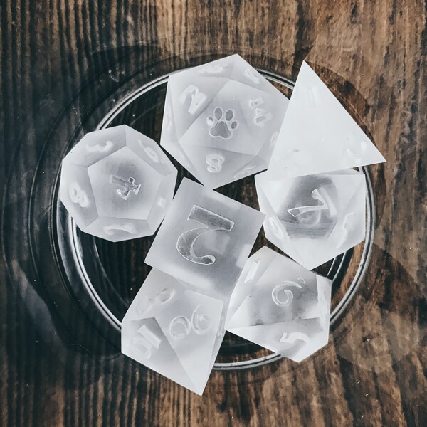 Frost Glass DnD Handcrafted Customisable Sharp Edge Dice Set (7 pcs.)