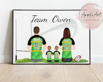 Personalised Rugby Family Print – Custom Team Artwork – Perfect Gift for Father’s Day, Sports Fans, & Family